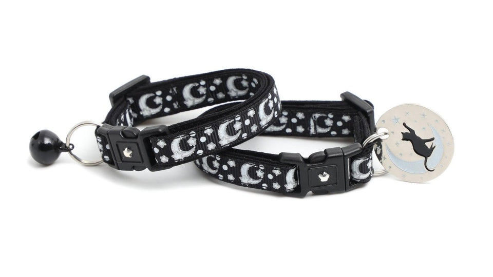 Silver Moons and Stars on Black Cat Collar, view 6