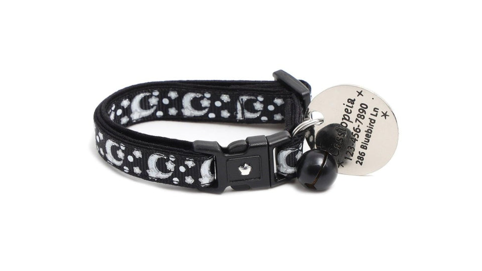 Silver Moons and Stars on Black Cat Collar, view 3