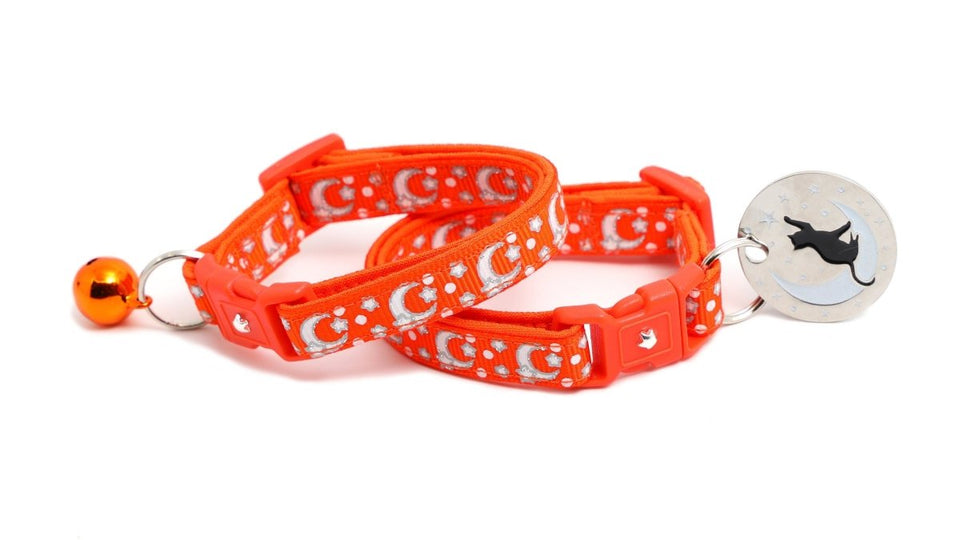 Silver Moons and Stars on Orange Cat Collar, view 3