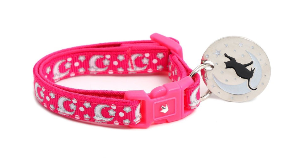 Silver Moons and Stars on Hot Pink Cat Collar, view 5