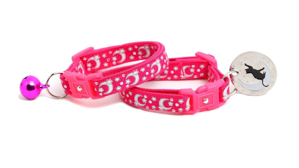Silver Moons and Stars on Hot Pink Cat Collar, view 3
