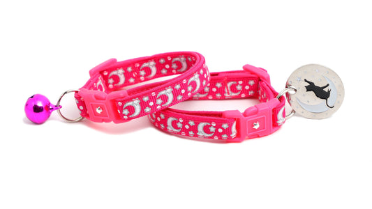 Silver Moons and Stars on Hot Pink Cat Collar