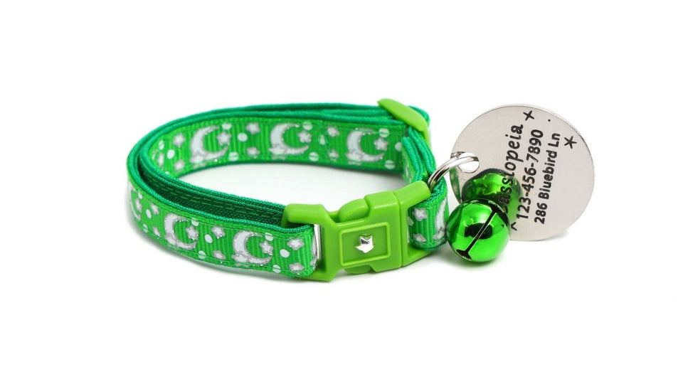 Silver Moons and Stars on Kelly Green Cat Collar, view 5