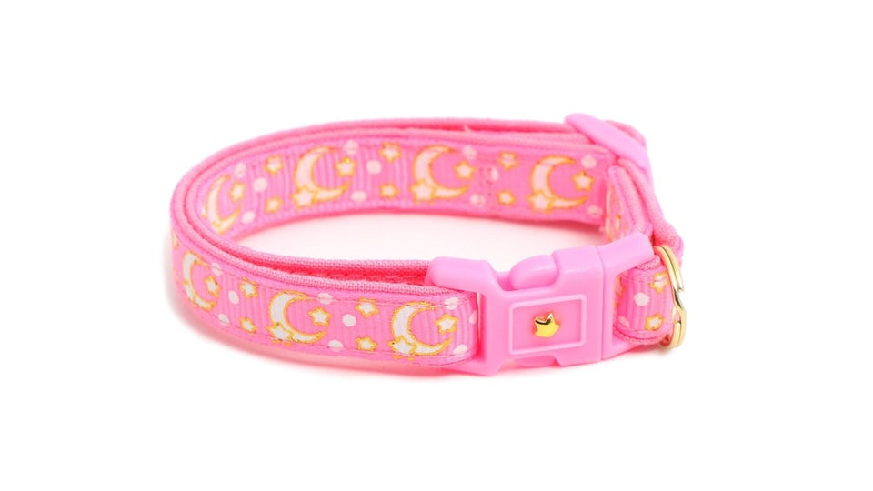 Gold Moons and Stars on Peony Pink Cat Collar, view 5