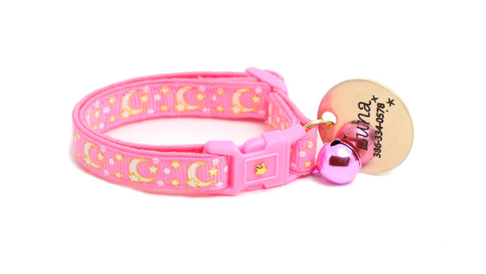 Gold Moons and Stars on Peony Pink Cat Collar