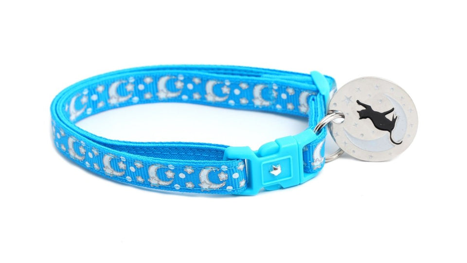 Silver Moons and Stars on Peacock Blue Cat Collar, view 9