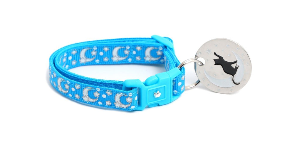 Silver Moons and Stars on Peacock Blue Cat Collar, view 2