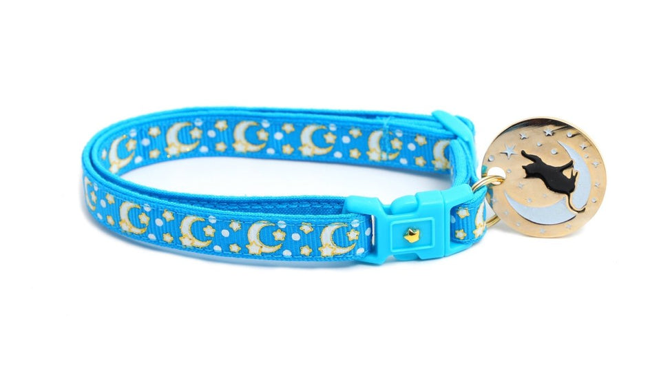 Gold Moons and Stars on Peacock Blue Cat Collar, view 8