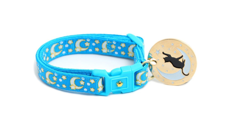 Gold Moons and Stars on Peacock Blue Cat Collar, view 5