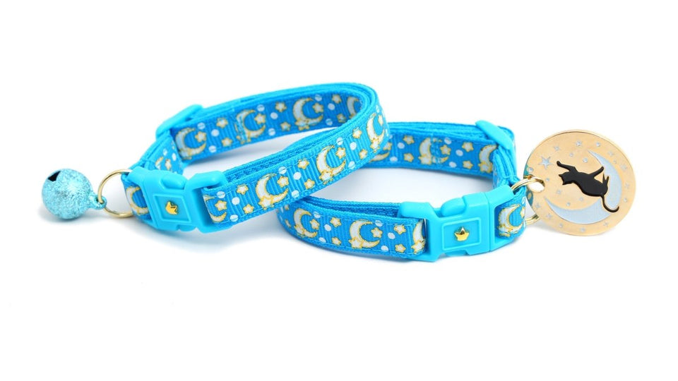 Gold Moons and Stars on Peacock Blue Cat Collar, view 6