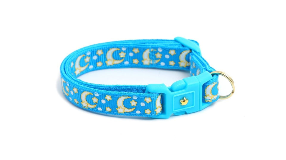 Gold Moons and Stars on Peacock Blue Cat Collar, view 4