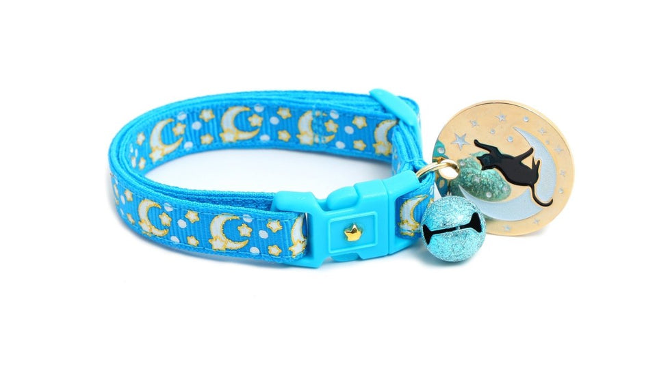 Gold Moons and Stars on Peacock Blue Cat Collar, view 9