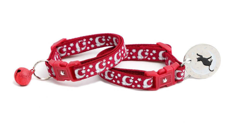 Silver Moons and Stars on Dark Red Cat Collar, view 4