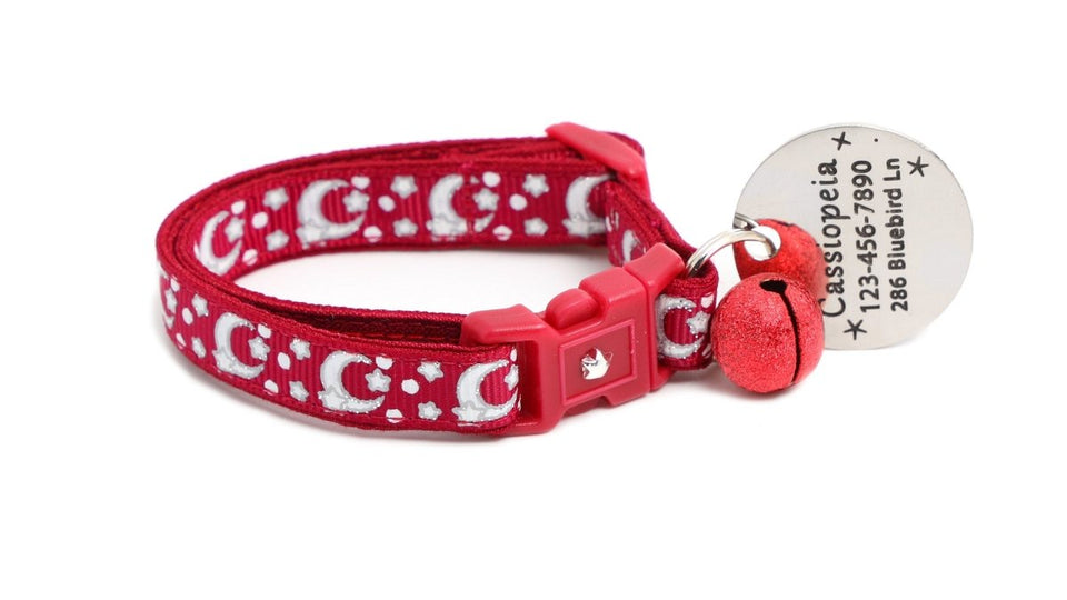 Silver Moons and Stars on Dark Red Cat Collar, view 7