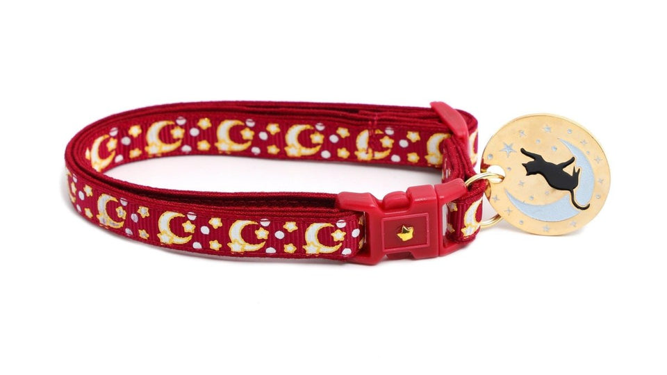 Gold Moons and Stars on Dark Red Cat Collar, view 7