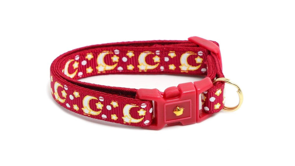 Gold Moons and Stars on Dark Red Cat Collar, view 3