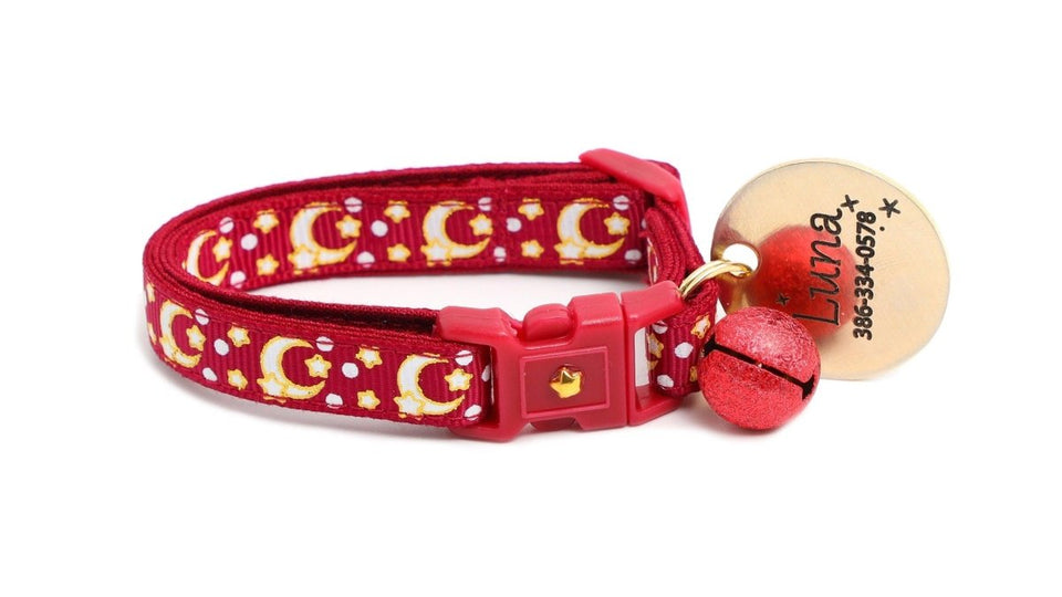 Gold Moons and Stars on Dark Red Cat Collar, view 9