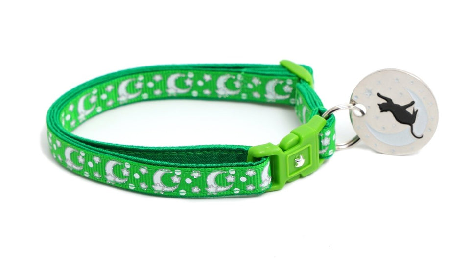 Silver Moons and Stars on Kelly Green Cat Collar, view 3