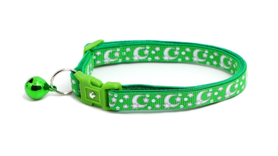 Silver Moons and Stars on Kelly Green Cat Collar, view 2