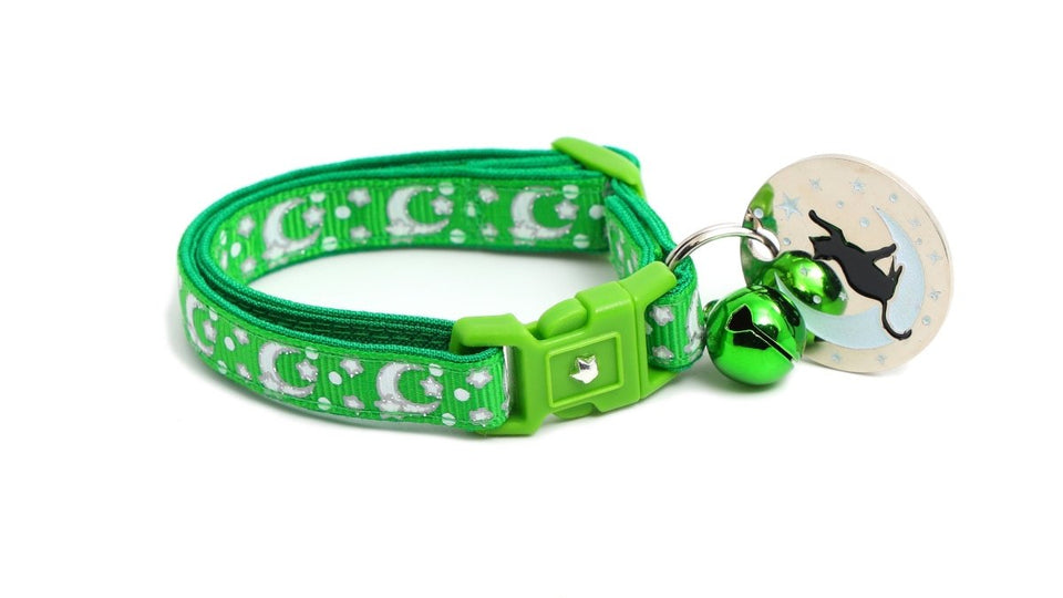 Silver Moons and Stars on Kelly Green Cat Collar, view 8