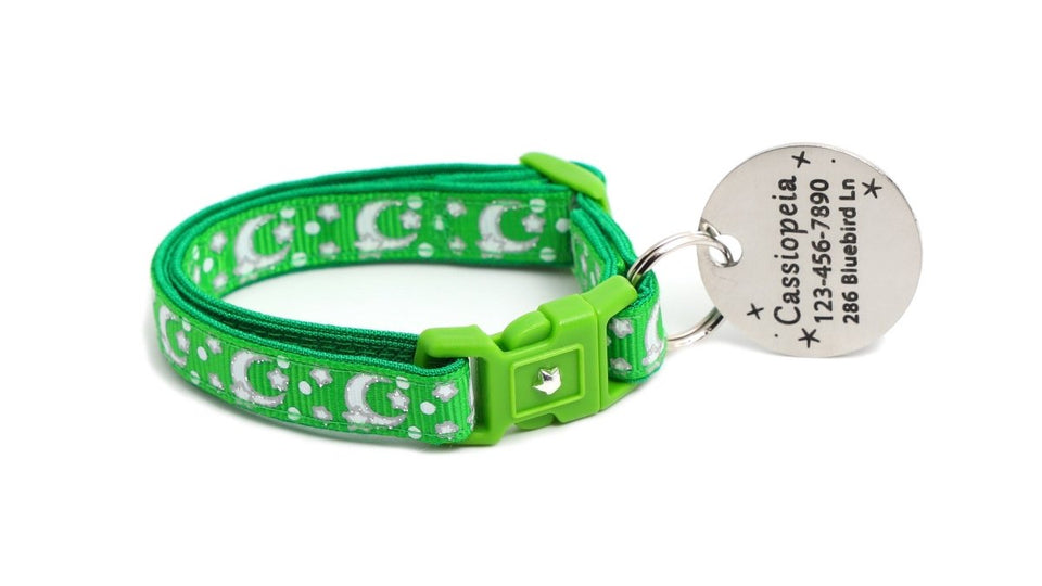 Silver Moons and Stars on Kelly Green Cat Collar, view 4