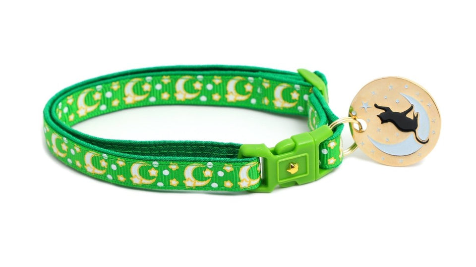Gold Moons and Stars on Kelly Green Cat Collar, view 3