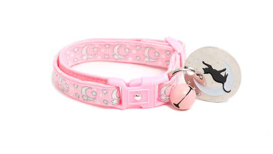 Silver Moons and Stars on Powder Pink Cat Collar