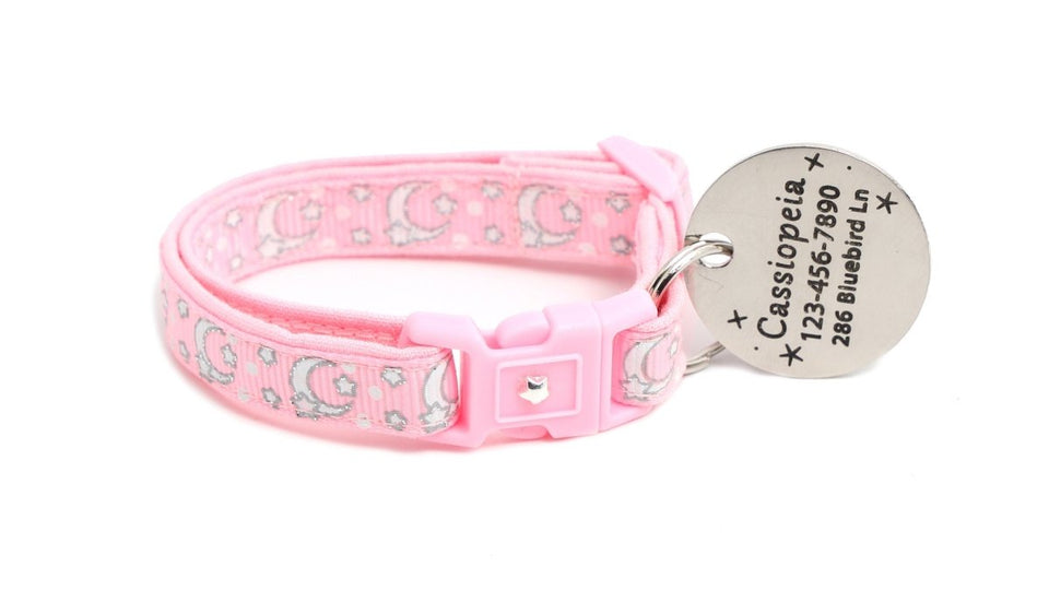 Silver Moons and Stars on Powder Pink Cat Collar, view 4