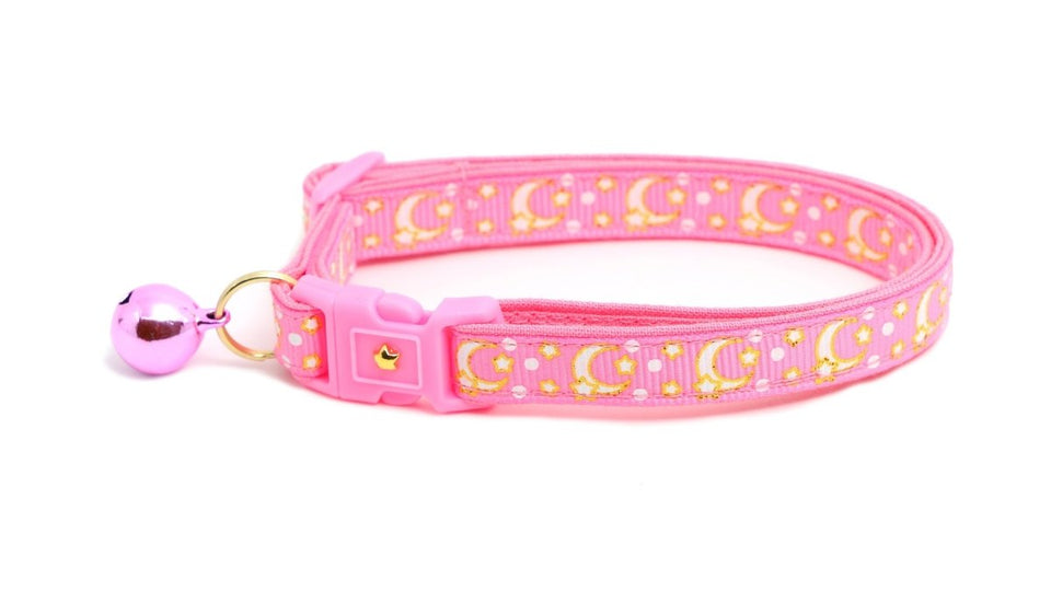 Gold Moons and Stars on Peony Pink Cat Collar, view 8