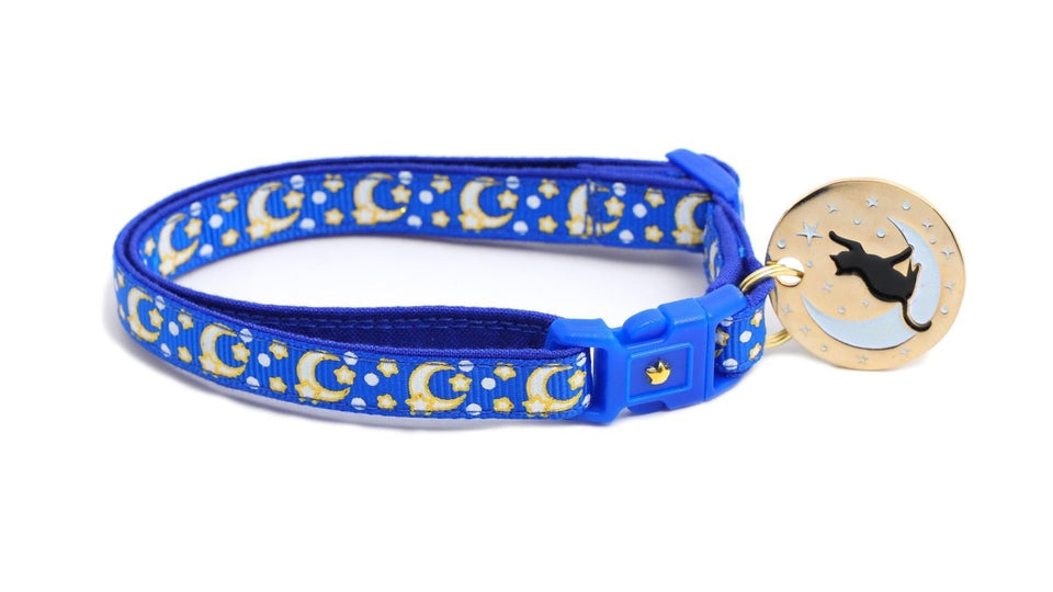 Gold Moons and Stars on Sapphire Blue Cat Collar, view 2