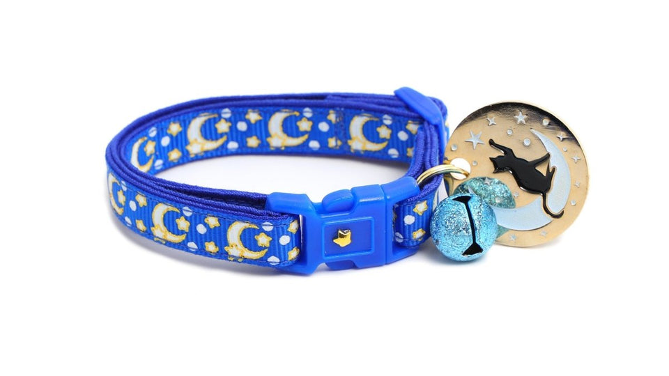 Gold Moons and Stars on Sapphire Blue Cat Collar, view 3