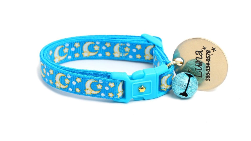 Gold Moons and Stars on Peacock Blue Cat Collar, view 2