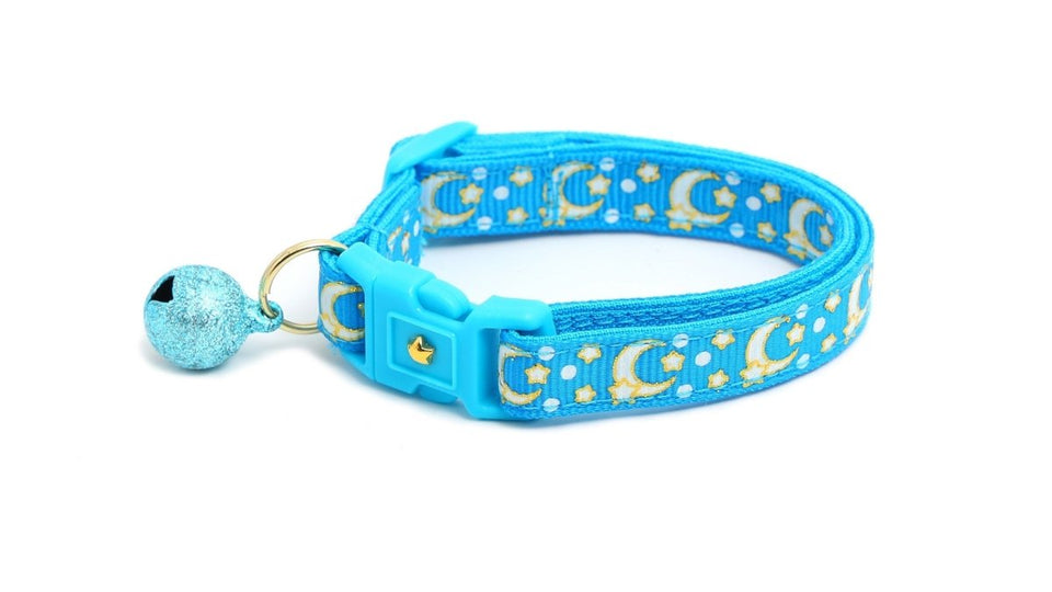 Gold Moons and Stars on Peacock Blue Cat Collar, view 3