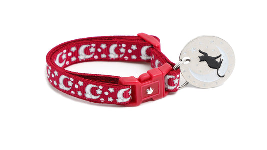Silver Moons and Stars on Dark Red Cat Collar