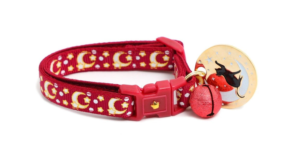 Gold Moons and Stars on Dark Red Cat Collar, view 2