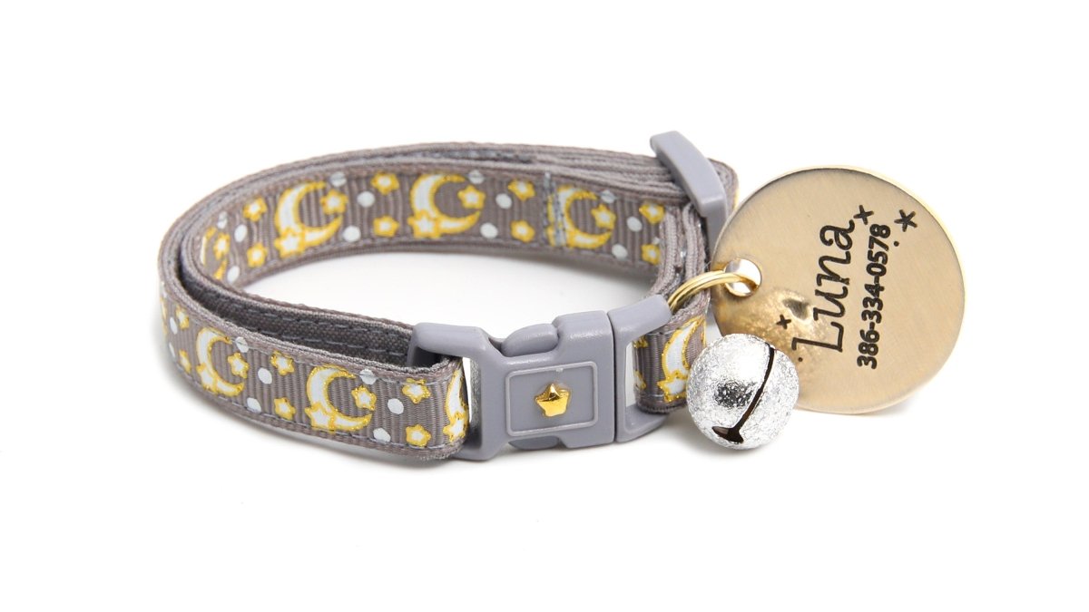 Gold Moons and Stars on Silver Cat Collar - Pets Perfect