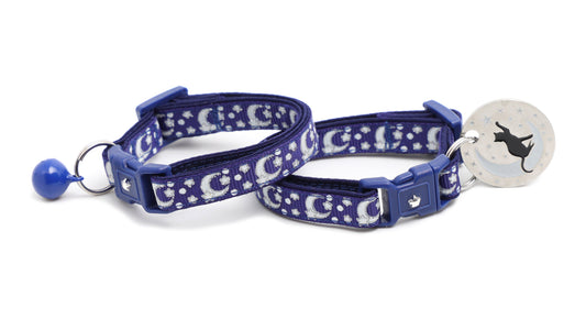 Pugs2Persians Glow-in-the-Dark Cat Collar - Silver Moons & Stars on Navy Blue with Breakaway Safety Buckle