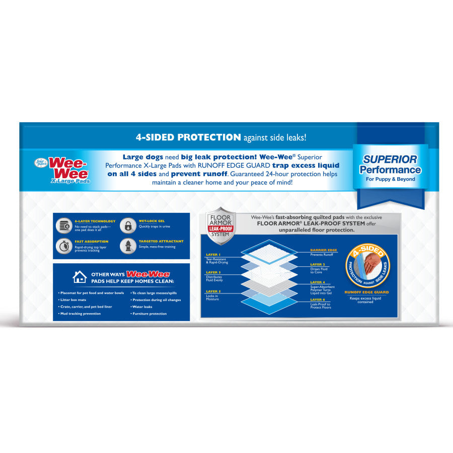 Four Paws WeeWee Superior Performance Gigantic Dog Pee Pads with Runoff Edge Guard 28 in x 34 in 40 ct