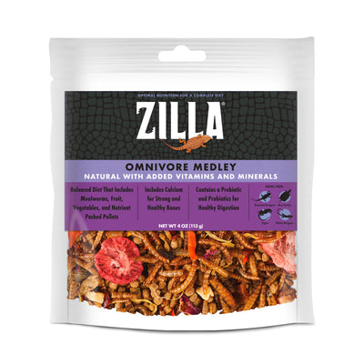 Zilla Omnivore Medley pet food in a clear pouch, showing dried mealworms, fruit, and vegetables.