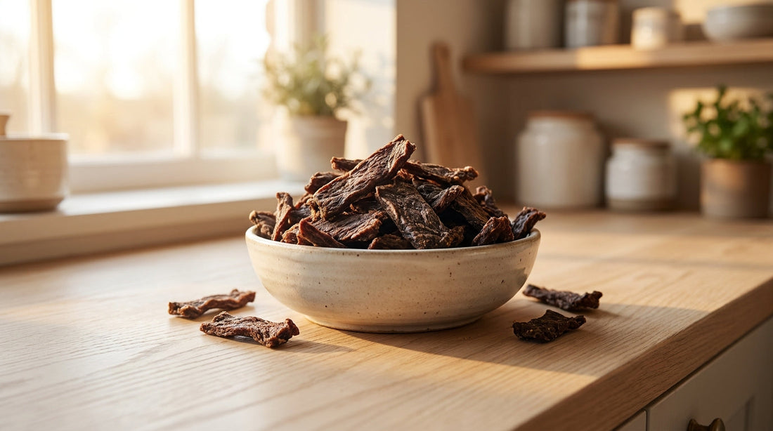 Dense jerky-like air-dried dog food piled in a stoneware bowl on a pale oak counter in warm window light