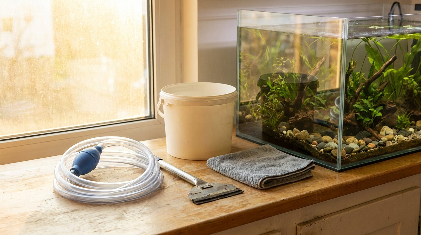 A gravel siphon, algae scraper, and cleaning bucket arranged on a counter beside a clear freshwater aquarium