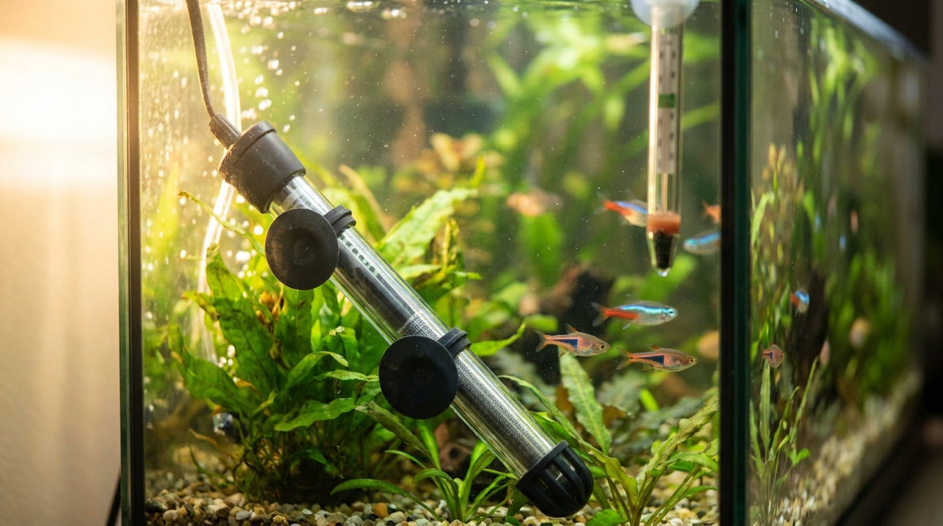 Submersible aquarium heater and a glass thermometer inside a planted freshwater tank