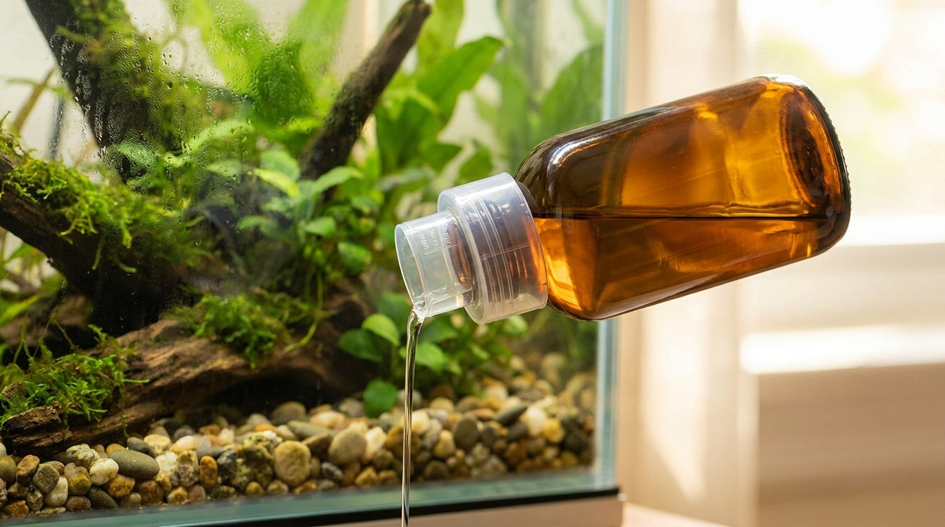 A bottle of aquarium water conditioner with a dosing cap being poured into a clear planted freshwater tank