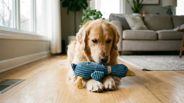 A golden retriever lying on a hardwood floor holding a blue plush duck toy between its front paws