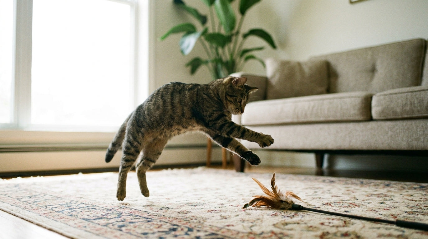 A tabby cat leaping above a rug with paws stretched toward a feather toy dragging across the floor