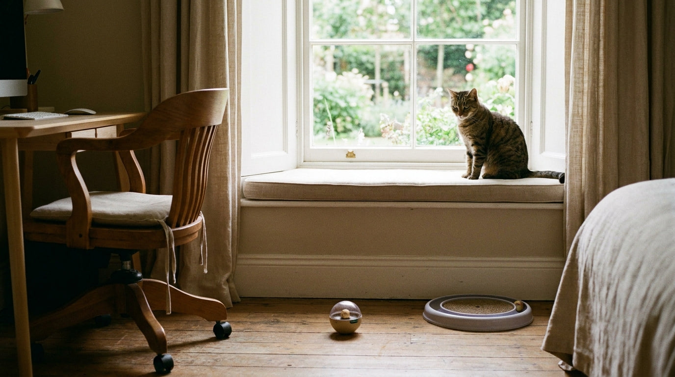 A tabby cat sitting on a window perch looking outside with a treat ball and a round track toy on the floor below