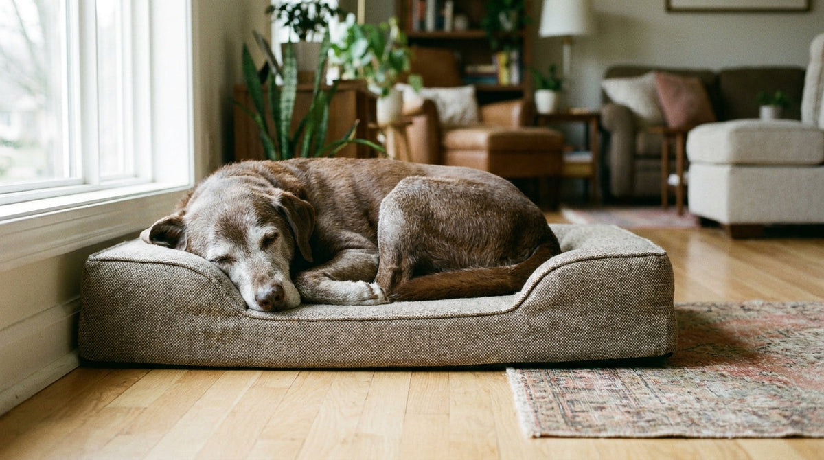A senior dog with a gray muzzle lying on a firm, flat dog bed with a low open front edge on a wood floor.