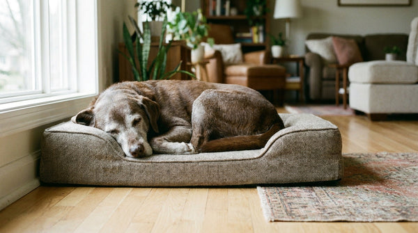 A senior dog with a gray muzzle lying on a firm, flat dog bed with a low open front edge on a wood floor.