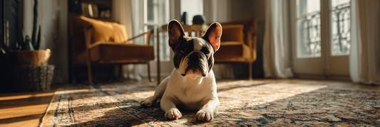 French Bulldog relaxing in a warm, sunlit living room at home