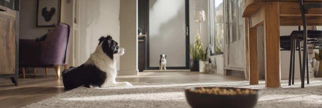 Border Collie relaxing in a sunlit home, waiting patiently for playtime